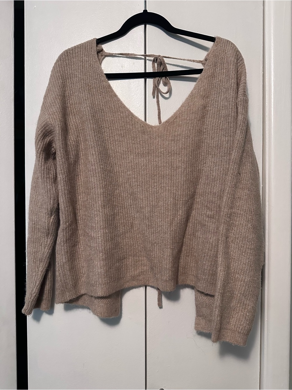Cozy V-Neck Women's Sweater in Light Taupe, open tie back